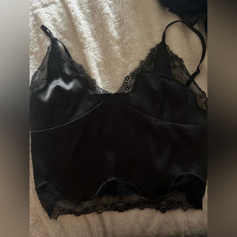 black satin cropped top with lace detailing